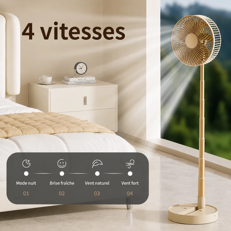 Ventilateur Pliable Sans Fil Silencieux | 4 Vitesses