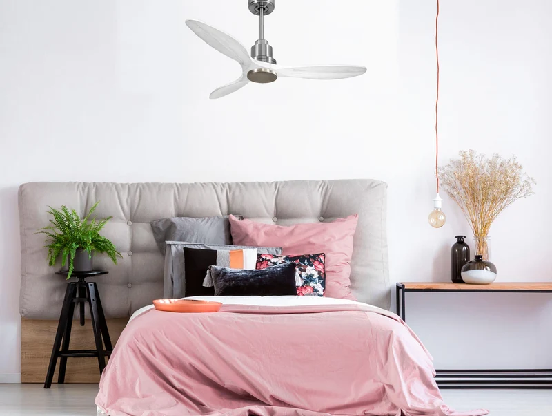 Ventilateur de plafond Réversible Thermostat Wifi Moteur à courant continu Toits en pente Télécommande Hypersilence Mémoire