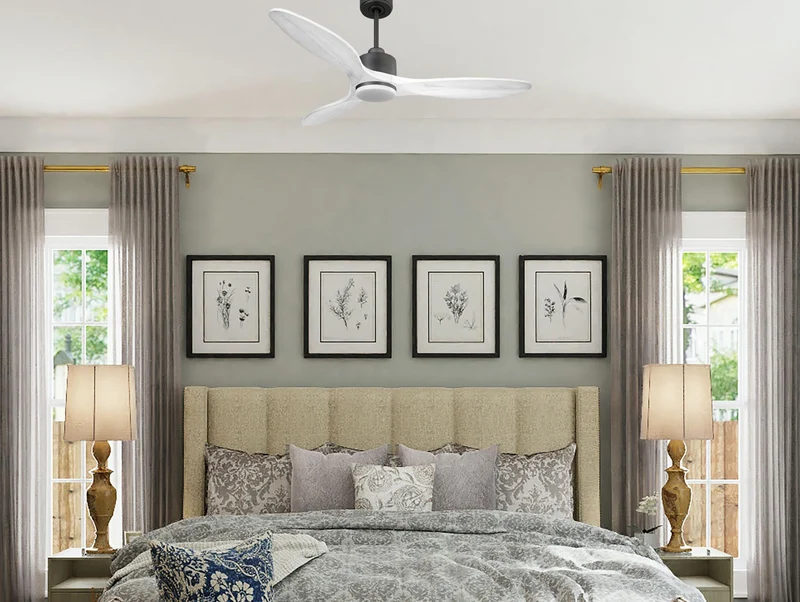 Ventilateur de plafond Réversible Thermostat Dimmable Wifi Moteur à courant continu Toits en pente Télécommande Lumière à trois tons Hypersilence Mémoire