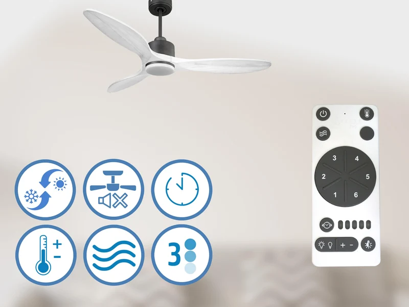 Ventilateur de plafond Réversible Thermostat Dimmable Wifi Moteur à courant continu Toits en pente Télécommande Lumière à trois tons Hypersilence Mémoire