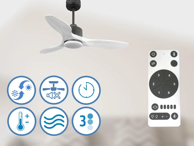 Ventilateur de plafond Réversible Thermostat Dimmable Wifi Moteur à courant continu Toits en pente Télécommande Lumière à trois tons Hypersilence Mémoire