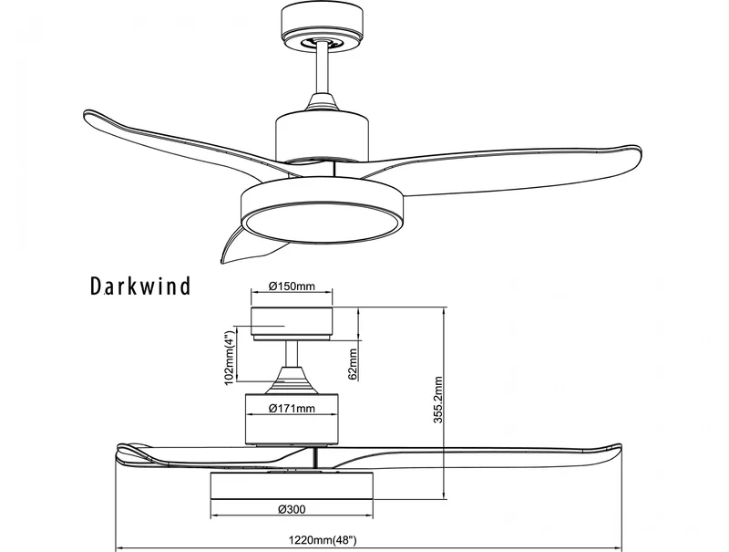Ventilateur de plafond DC noir avec pales de 122cm et lumière pour 25m2