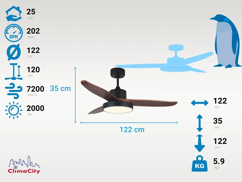 Ventilateur de plafond DC noir avec pales de 122cm et lumière pour 25m2