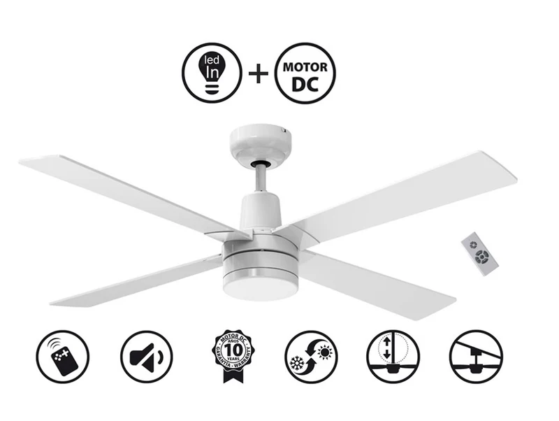 Ventilateur de plafond DC blanc avec pales en MDF 122cm et lumière pour 25m2