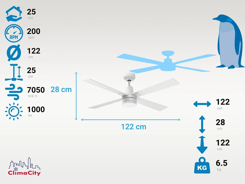 Ventilateur de plafond DC blanc avec pales en MDF 122cm et lumière pour 25m2