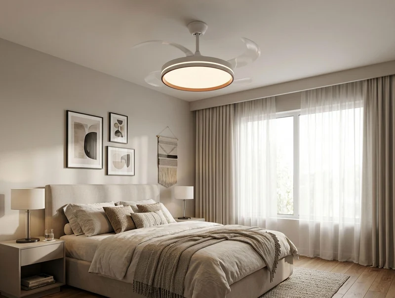 Ventilateur de plafond rétractable avec lumière, diamètre 122 cm, couleur blanc et bois