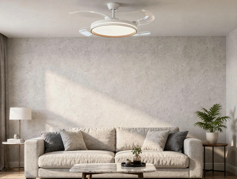 Ventilateur de plafond rétractable avec lumière, diamètre 122 cm, couleur blanc et bois
