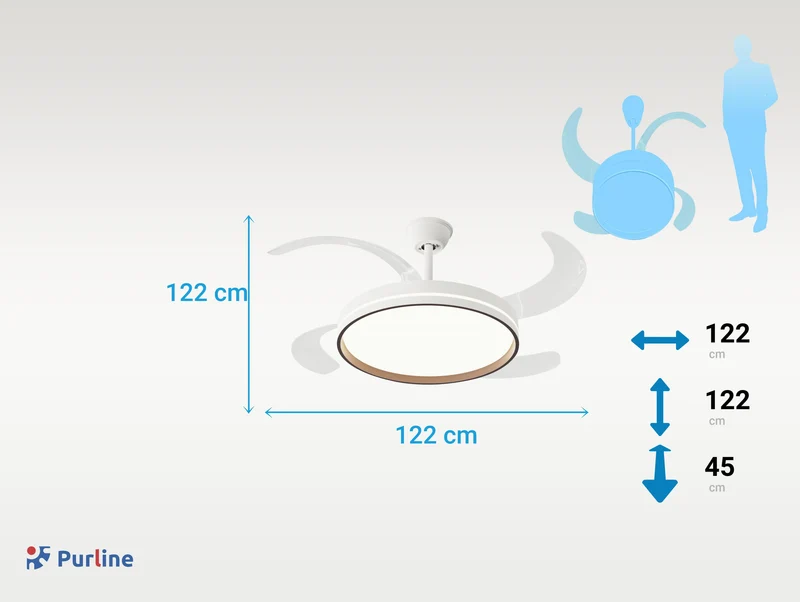 Ventilateur de plafond rétractable avec lumière, diamètre 122 cm, couleur blanc et bois