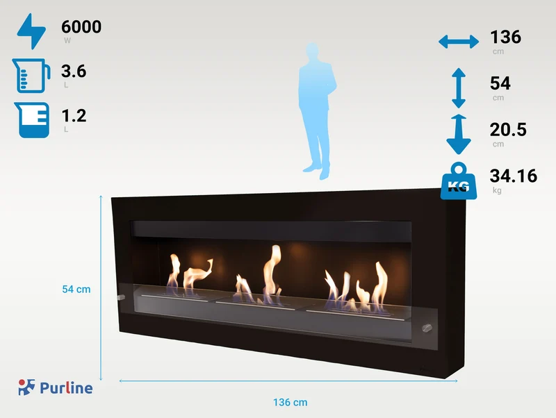 Grande cheminée à l'éthanol en acier noir et verre trempé