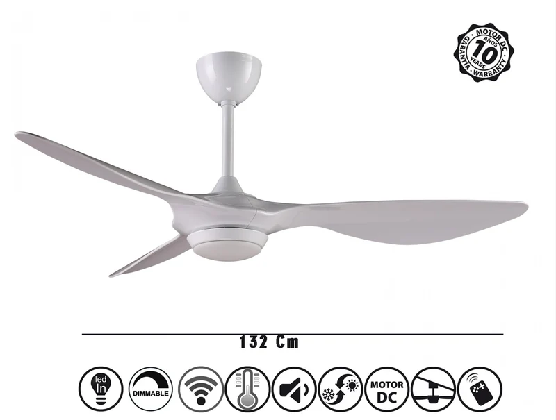 Ventilateur de plafond DC blanc avec pales 212RPM et lumière pour 55m2