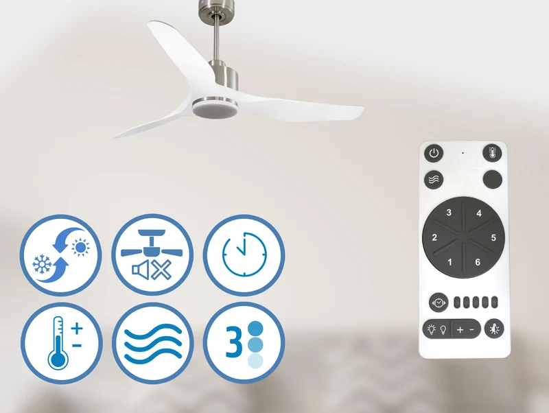 Ventilateur de plafond Réversible Thermostat Dimmable Wifi Moteur à courant continu Toits en pente Télécommande Lumière à trois tons Adaptateur 2/3 Lames