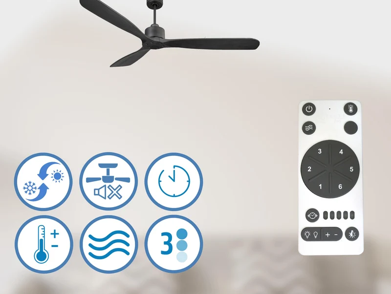 Ventilateur de plafond Réversible Thermostat Wifi Moteur à courant continu Toits en pente Télécommande Hypersilence Mémoire FullWood