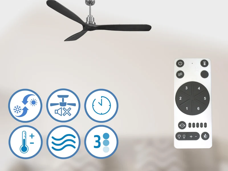 Ventilateur de plafond Réversible Thermostat Wifi Moteur à courant continu Toits en pente Télécommande Hypersilence Mémoire FullWood