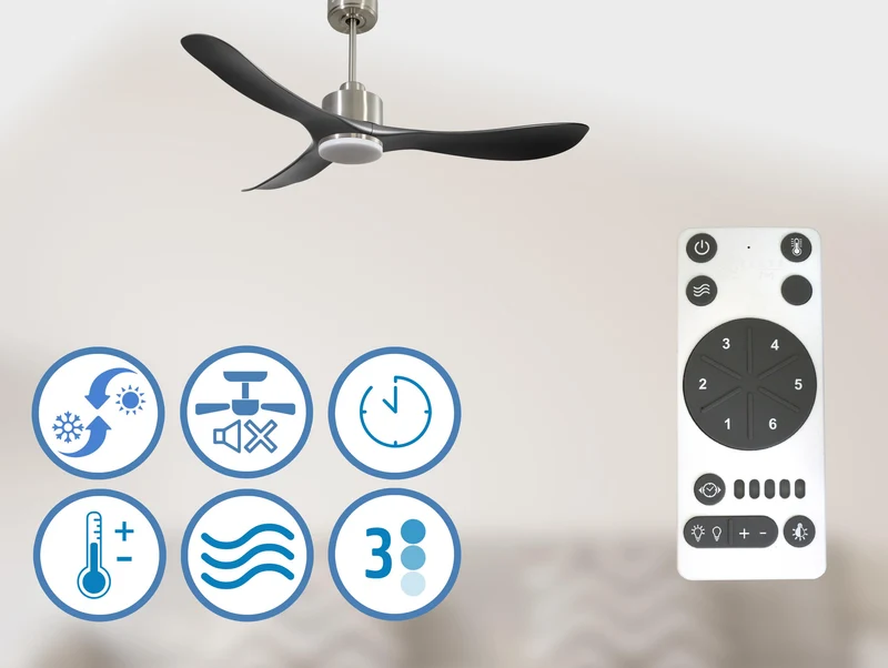 Ventilateur de plafond Réversible Thermostat Dimmable Wifi Moteur à courant continu Toits en pente Télécommande Lumière à trois tons Hypersilence Mémoire