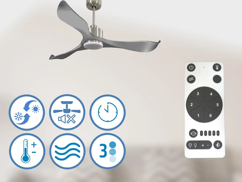 Ventilateur de plafond Réversible Thermostat Dimmable Wifi Moteur à courant continu Toits en pente Télécommande Lumière à trois tons Mémoire