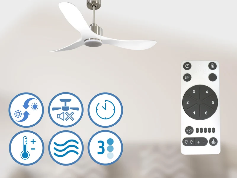 Ventilateur de plafond Réversible Thermostat Dimmable Wifi Moteur à courant continu Toits en pente Télécommande Lumière à trois tons Hypersilence Mémoire