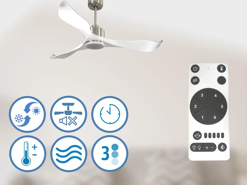 Ventilateur de plafond Réversible Thermostat Dimmable Wifi Moteur à courant continu Toits en pente Télécommande Lumière à trois tons Adaptateur 2/3 Lames