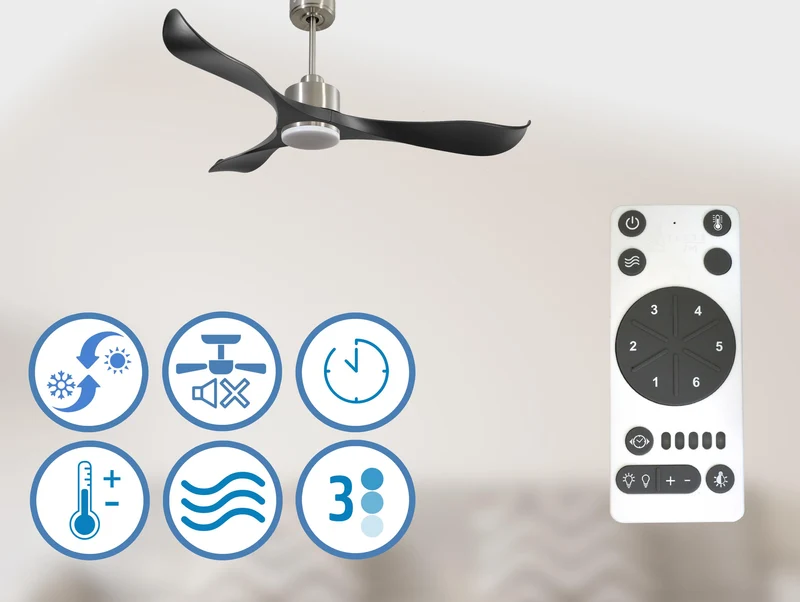 Ventilateur de plafond Réversible Thermostat Dimmable Wifi Moteur à courant continu Toits en pente Télécommande Lumière à trois tons Adaptateur 2/3 Lames