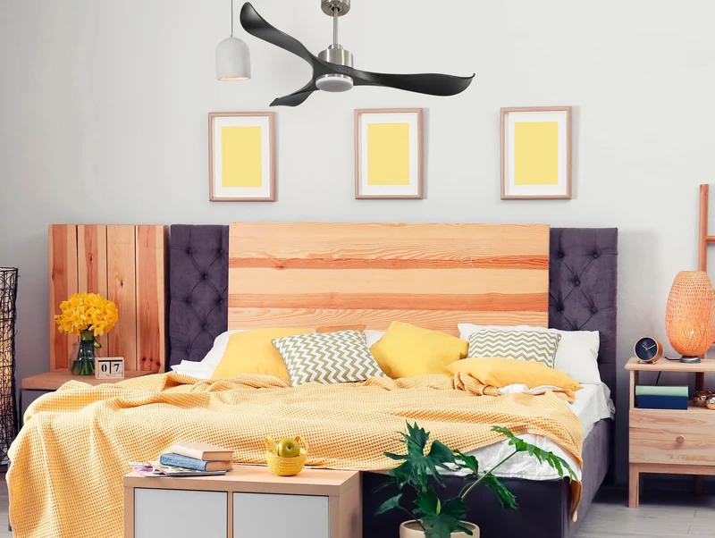 Ventilateur de plafond Réversible Thermostat Dimmable Wifi Moteur à courant continu Toits en pente Télécommande Lumière à trois tons Adaptateur 2/3 Lames
