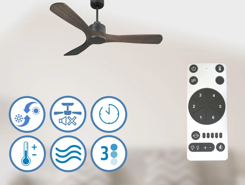 Ventilateur de plafond Réversible Thermostat Wifi Moteur à courant continu Toits en pente Télécommande Hypersilence Mémoire