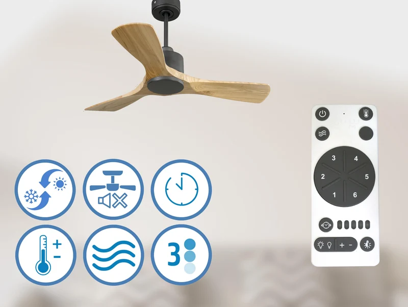 Ventilateur de plafond Réversible Thermostat Wifi Moteur à courant continu Toits en pente Télécommande Hypersilence Mémoire
