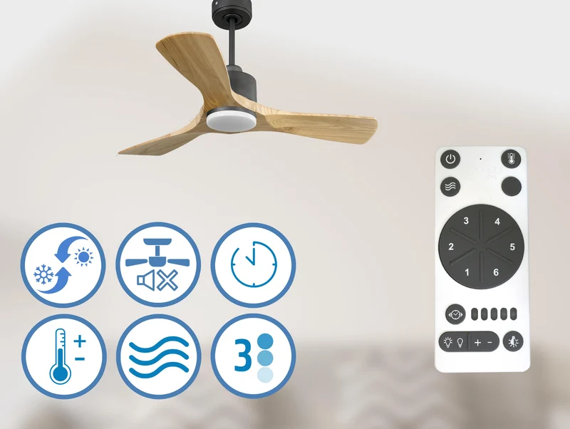 Ventilateur de plafond Réversible Thermostat Dimmable Wifi Moteur à courant continu Toits en pente Télécommande Lumière à trois tons Hypersilence Mémoire