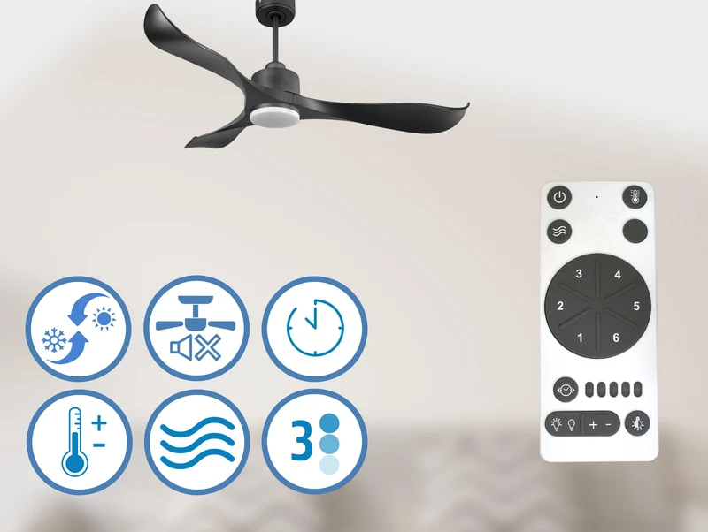 Ventilateur de plafond Réversible Thermostat Dimmable Wifi Moteur à courant continu Toits en pente Télécommande Lumière à trois tons Adaptateur 2/3 Lames