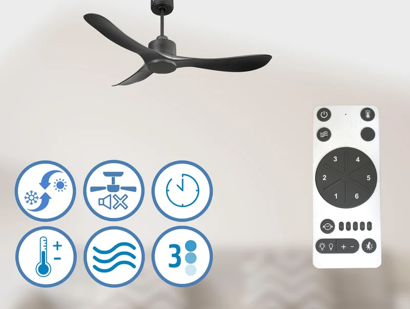 Ventilateur de plafond Réversible Thermostat Wifi Moteur à courant continu Toits en pente Télécommande Hypersilence Mémoire