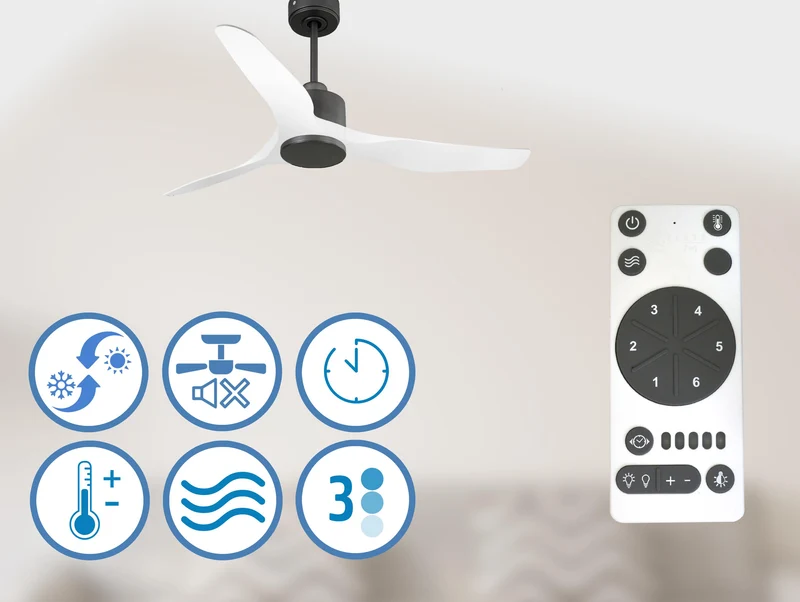 Ventilateur de plafond Réversible Thermostat Wifi Moteur à courant continu Toits en pente Télécommande Adaptateur 2/3 Lames Hypersilence Mémoire