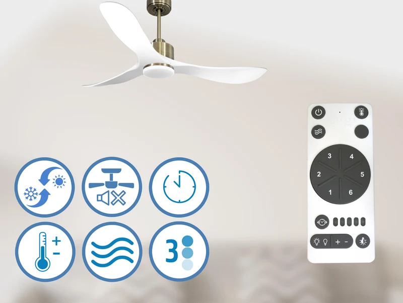 Ventilateur de plafond Réversible Thermostat Dimmable Wifi Moteur à courant continu Toits en pente Télécommande Lumière à trois tons Hypersilence Mémoire