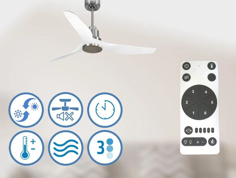 Ventilateur de plafond Réversible Thermostat Wifi Moteur à courant continu Toits en pente Télécommande Adaptateur 2/3 Lames Hypersilence Mémoire